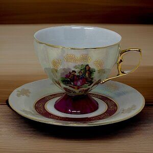 Vintage Yusui 24k GP Porcelain Teacup Cup and Saucer Set Courting Couple Pink